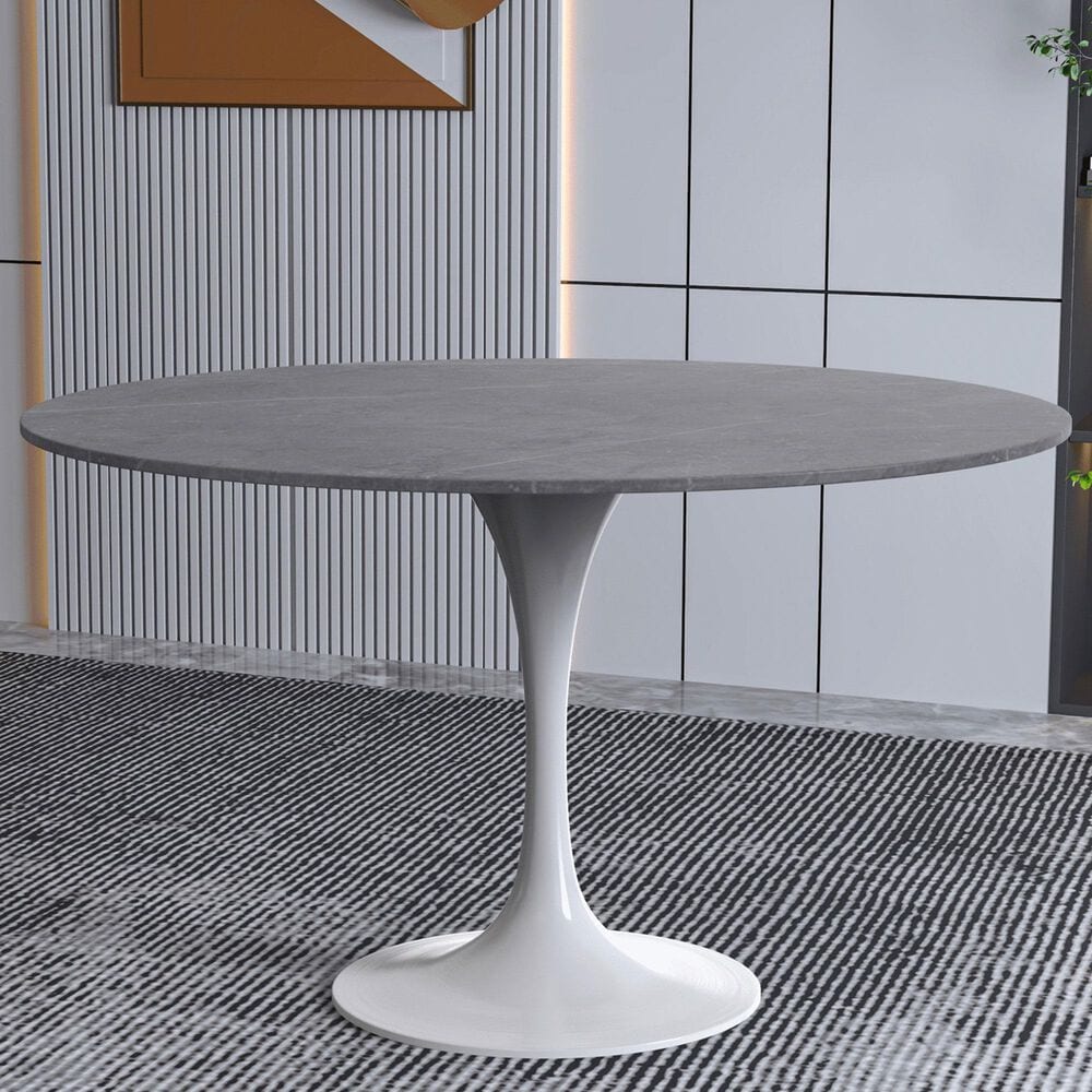 Leisuremod LeisureMod Verve Collection 48 Round Dining Table, White Base with Sintered Stone Grey Top, , large