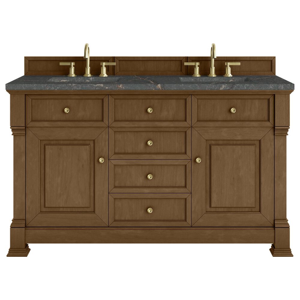 James Martin Vanities Brookfield 60&quot; Double Bathroom Vanity in Honey Oak with 3 cm Parisien Bleu Quartz Top and Rectangular Sinks, , large