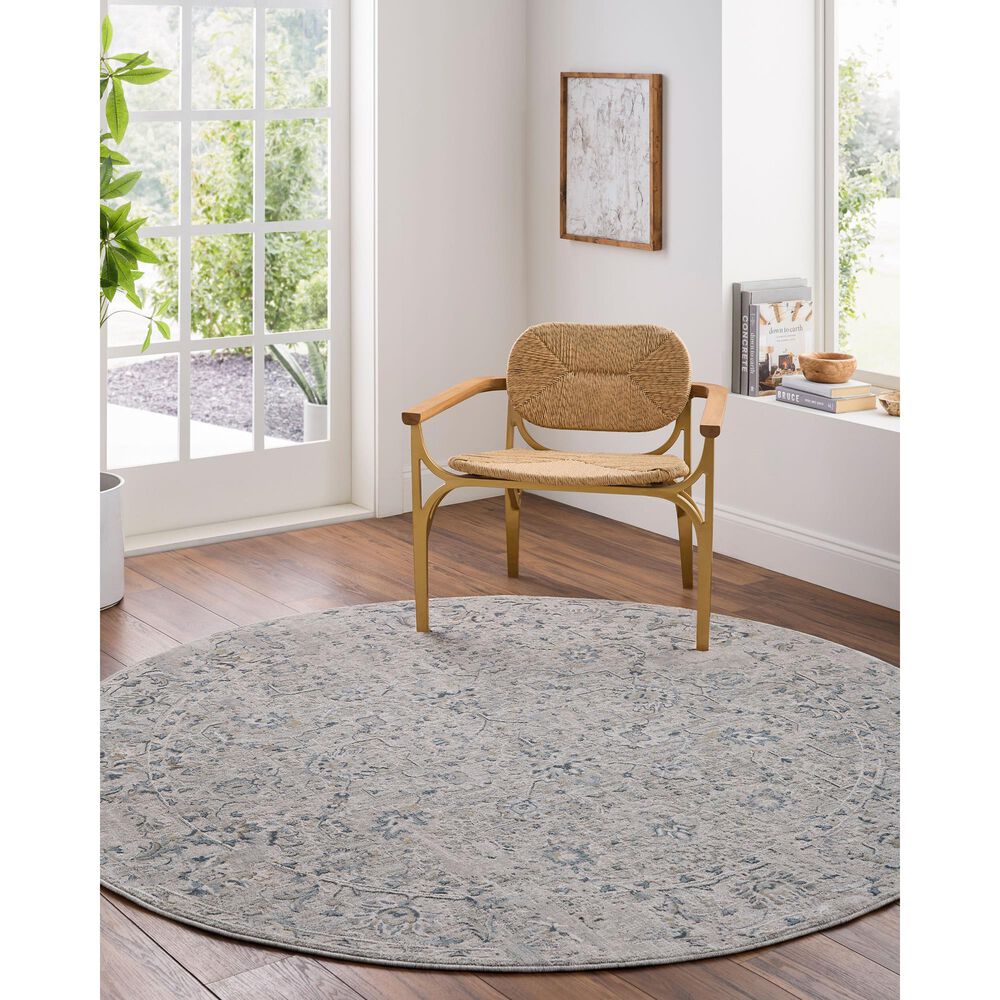 Surya Brunswick Light Gray, Charcoal, Cream, Dark Blue, Blue and Mustard 5&#39;3&quot; Round Area Rug, , large