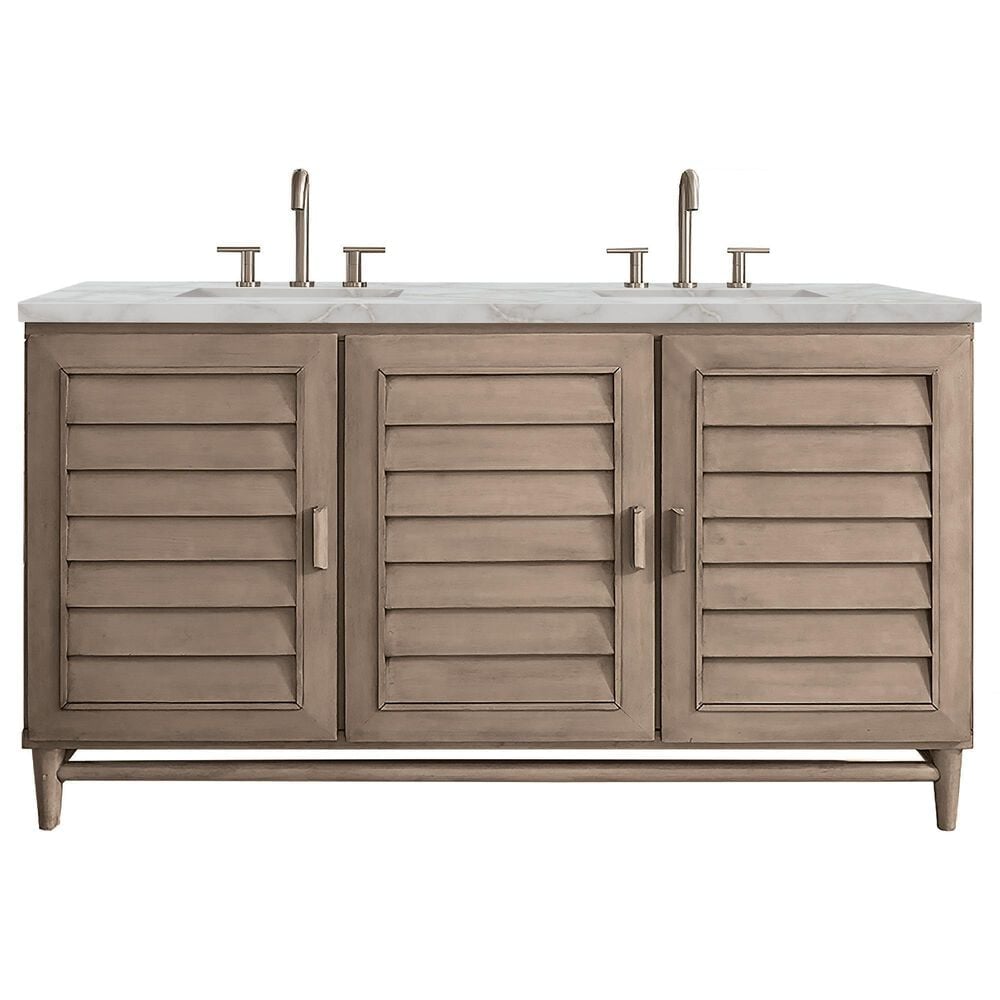James Martin Vanities Portland 60" Double Bathroom Vanity in Whitewashed Walnut with 3 cm Eternal Jasmine Pearl Silestone Top, Rectangular Sinks and FreePower Wireless Charger, , large