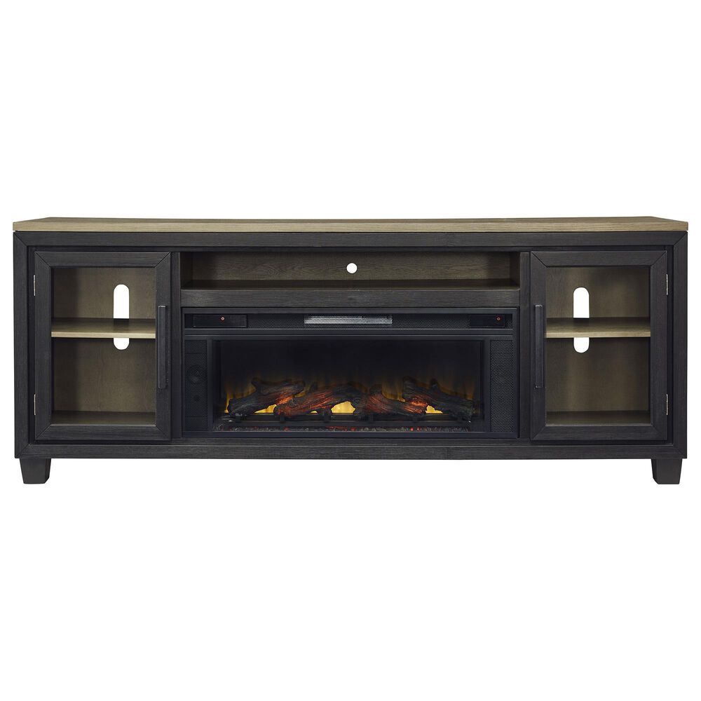 Ashley Foyland 83&quot; TV Stand with Electric Fireplace in Black and Brown, , large