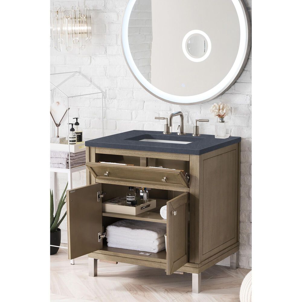 James Martin Vanities Chicago 30&quot; Single Bathroom Vanity in Whitewashed Walnut with 3 cm Charcoal Soapstone Quartz Top and Rectangular Sink, , large