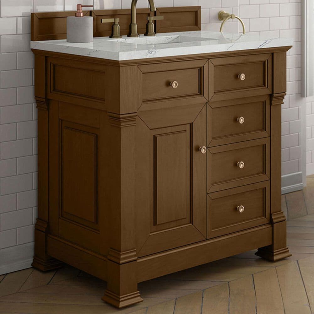 James Martin Vanities Brookfield 36" Single Bathroom Vanity in Honey Oak with 3 cm Ethereal Noctis Quartz Top and Rectangular Sink, , large