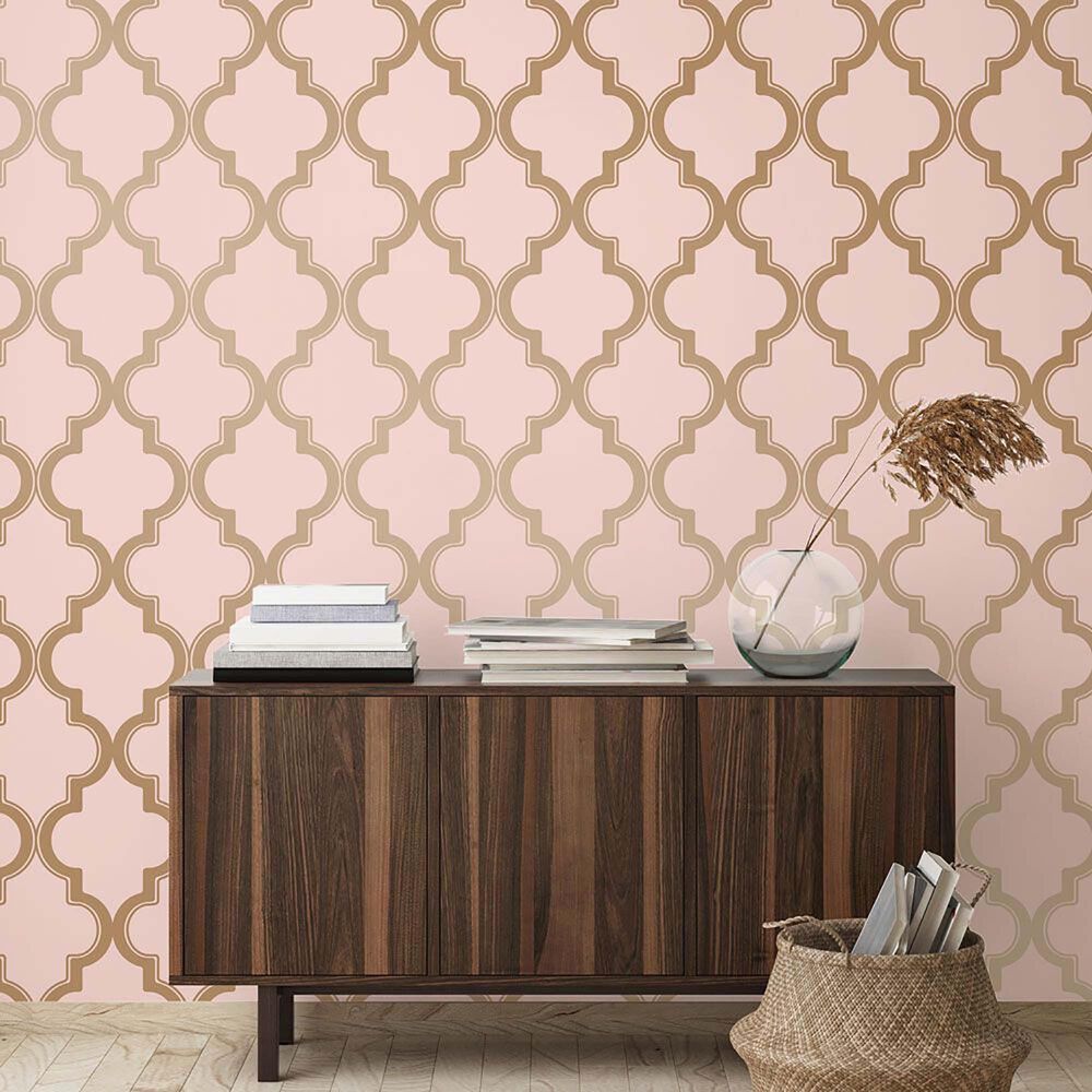 Tempaper Marrakesh Pink & Metallic Gold Peel and Stick Wallpaper, , large