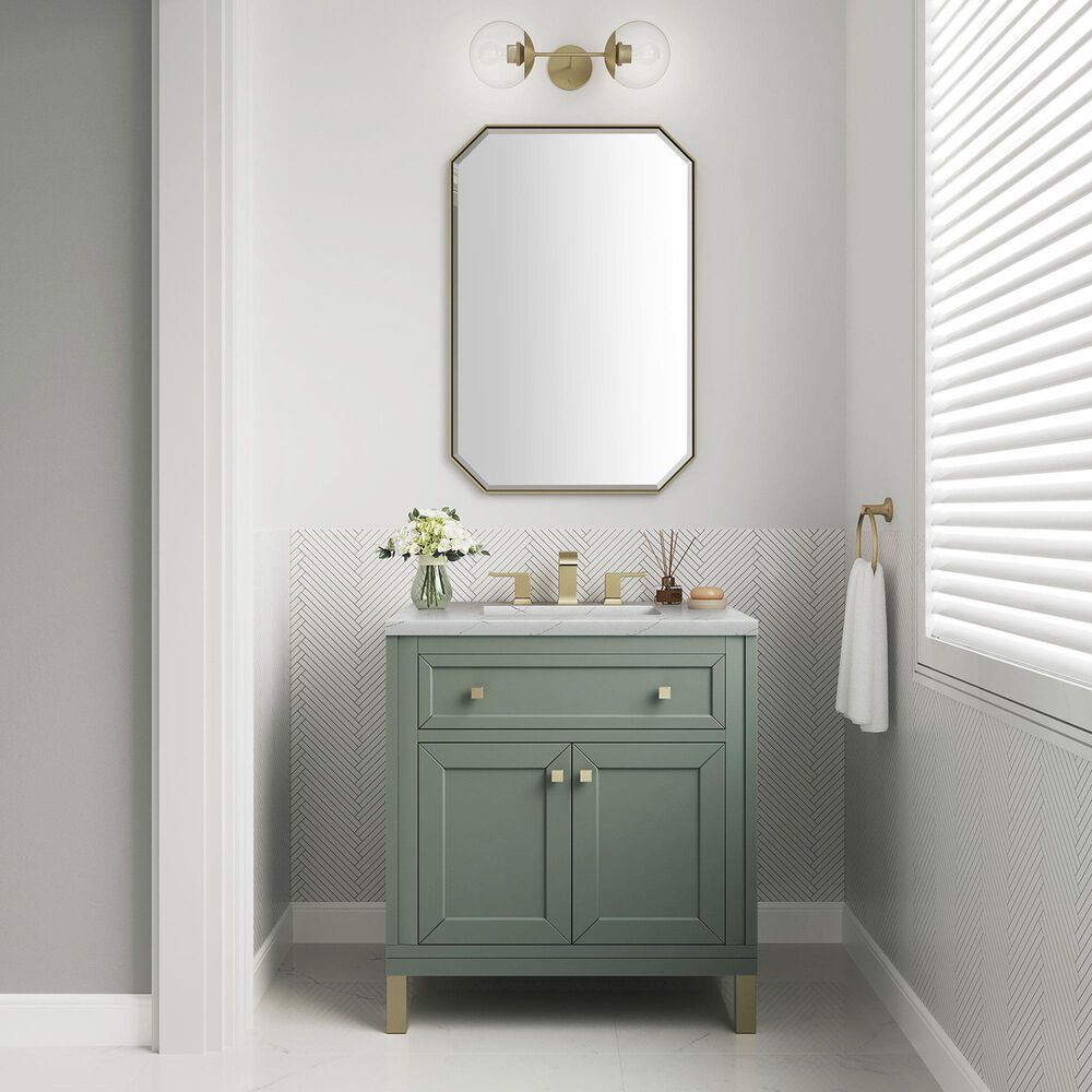 James Martin Vanities Chicago 30&quot; Single Bathroom Vanity in Smokey Celadon with 3 cm Ethereal Noctis Quartz Top and Rectangular Sink, , large