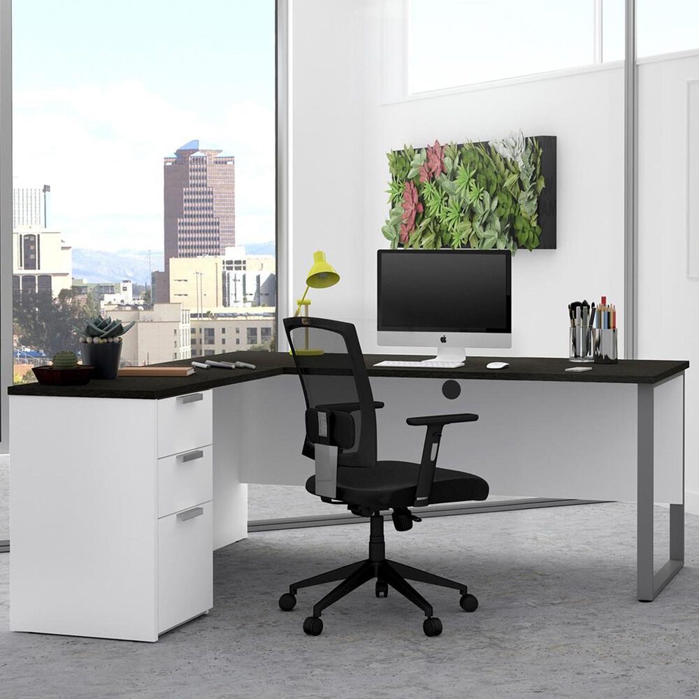 Bestar Pro-Concept Plus L-Desk with Metal Leg in White and Deep Grey, , large