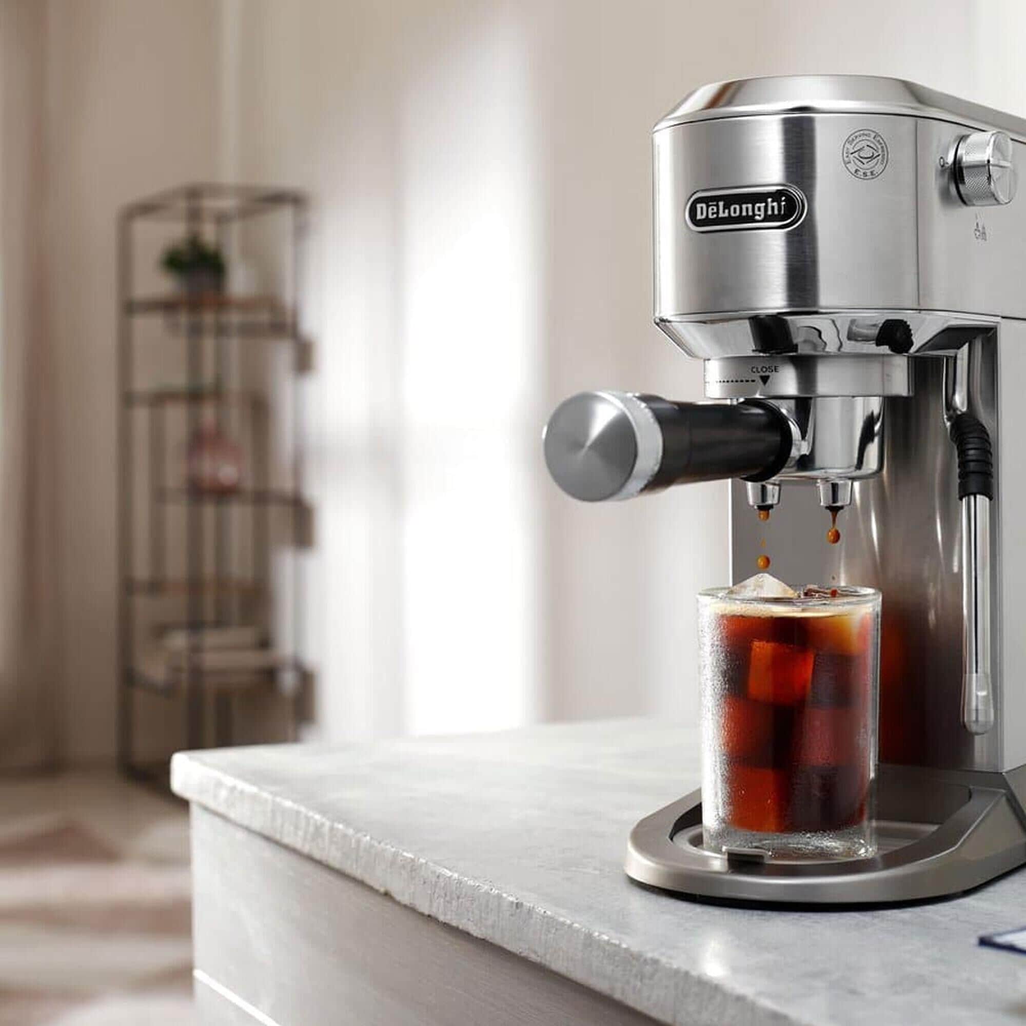 DeLonghi Dedica Duo 35 Oz Espresso Machine with Cold Brew in Metal