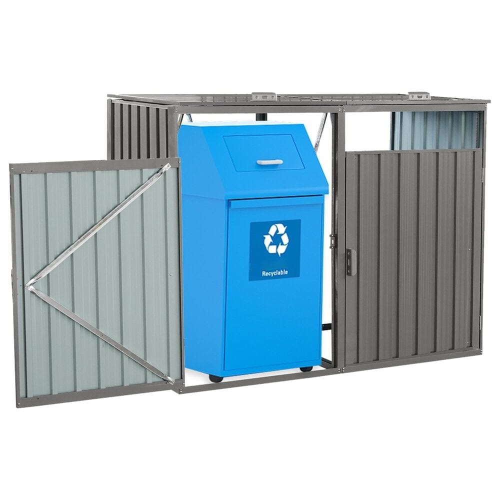 Hearth and Haven Outdoor Metal Garbage Bin Shed for 2 Trash Cans with Lockable Doors in Gray, , large