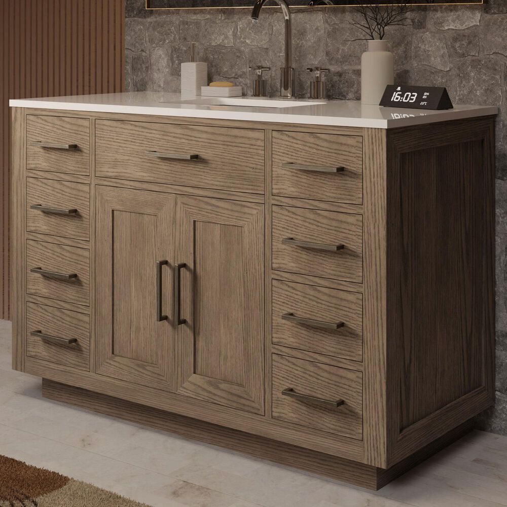 Lexora Home Abbey 48&quot; Single Bathroom Vanity in Grey Oak with 2 cm White Quartz Top and Rectangular Sink, , large