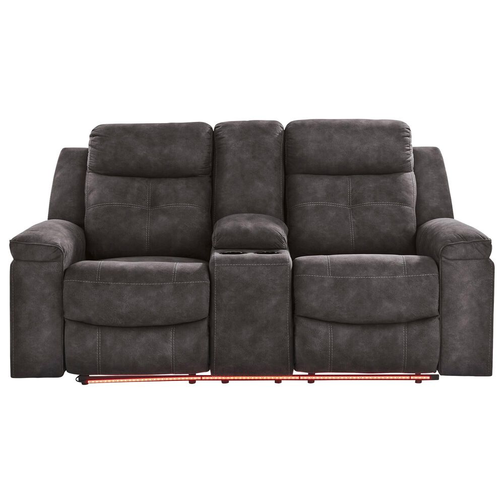 Ashley Brysonview Manual Double Reclining Loveseat with Console in Charcoal, , large