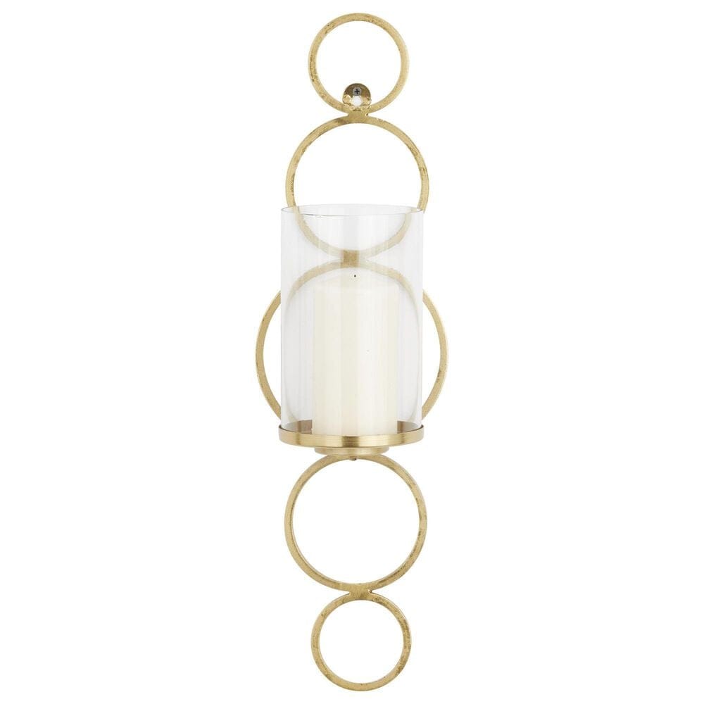 Maple and Jade 25&quot; Stacked Circle Single Indoor/Outdoor Wall Mount Candle Holder in Satin Gold and Clear, , large