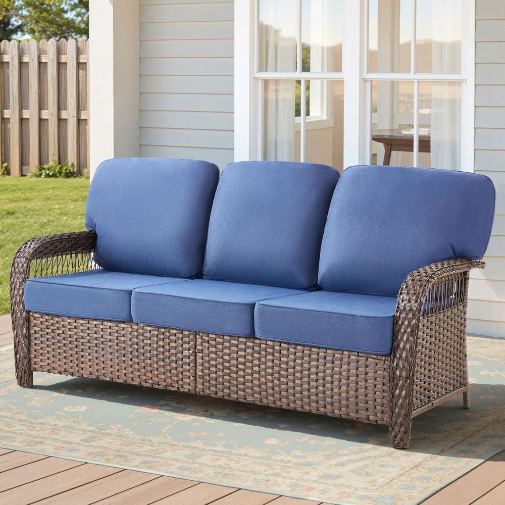 Hearth and Haven Outdoor Sofa with T-back Cushions and Brown Wicker in Blue, , large