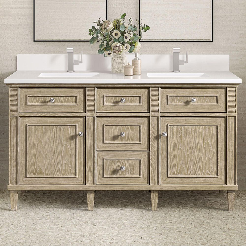 James Martin Vanities Lorelai 60&quot; Double Vanity in Whitewashed Oak with Single Hole 3 cm White Zeus Quartz Top &amp; Backsplash, , large