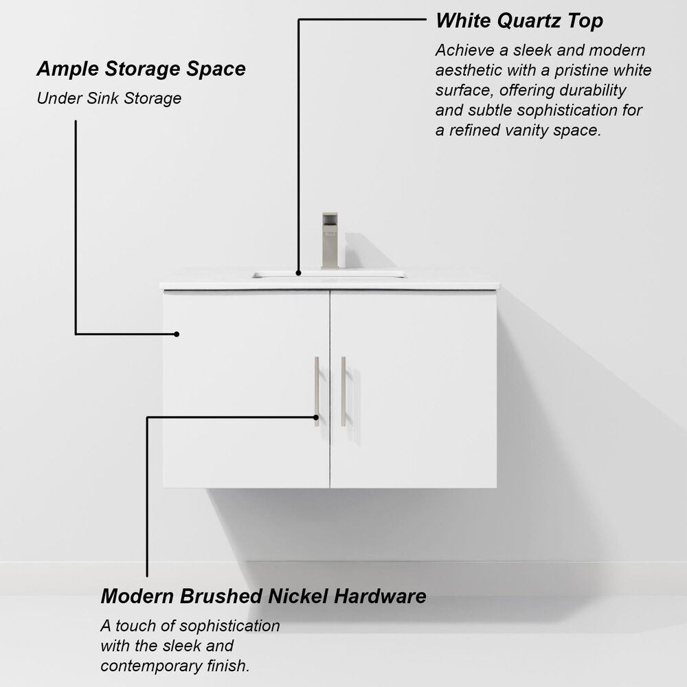 Lexora Home Geneva 30&quot; Single Bathroom Vanity in Glossy White with 2 cm White Quartz Top and Rectangular Sink, , large
