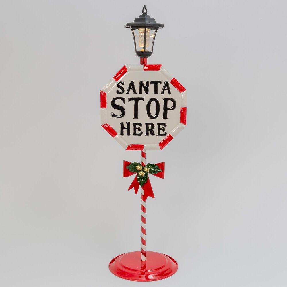 The Gerson Company Solar Lighted Metal "Santa Stop Here" Sign in White and Red, , large