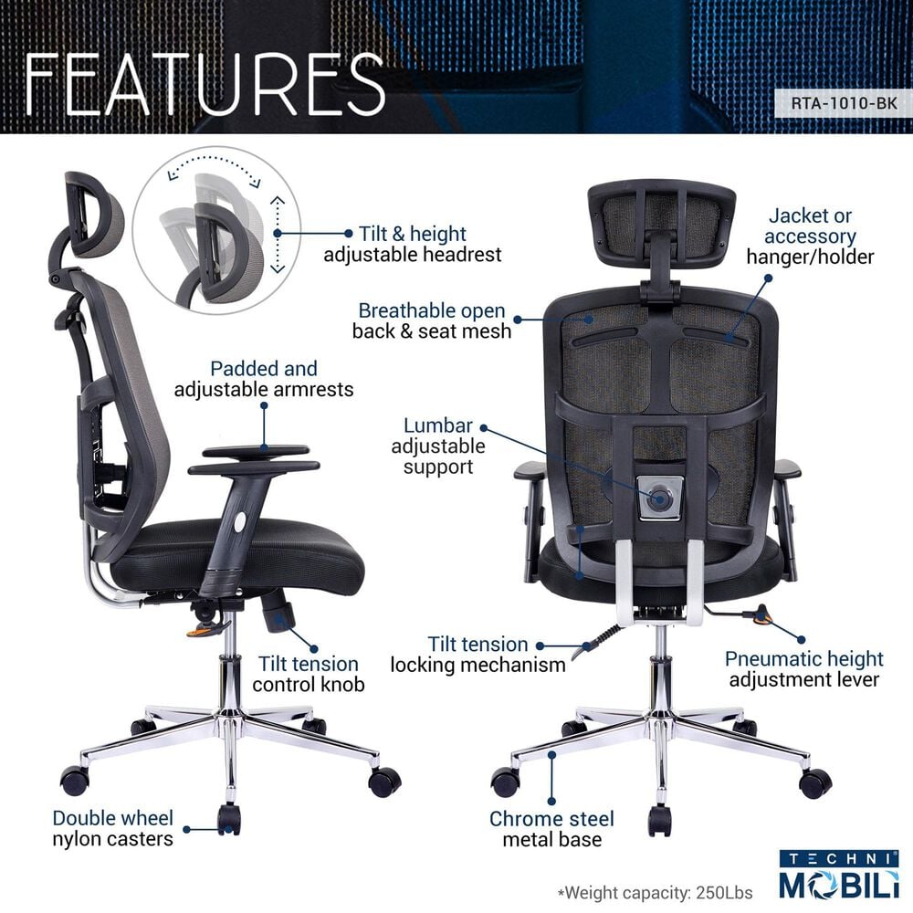 Rta Products Llc High Back Executive Mesh Office Chair with Arms and Lumbar Support in Black, , large