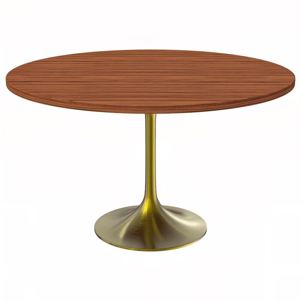 Leisuremod LeisureMod Verve Collection 48 Round Dining Table, Brushed Gold Base with Cognac Brown MDF Top, , large