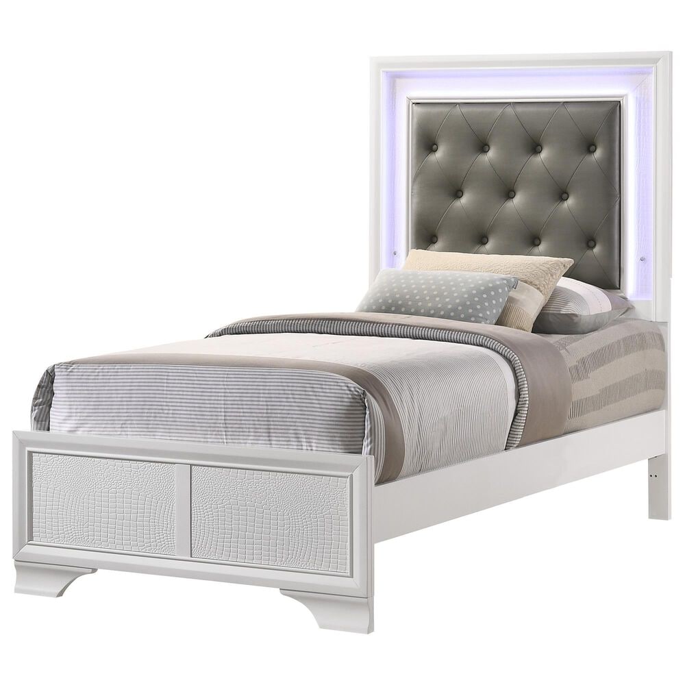 Crown Mark Lyssa Twin Upholstered Panel Bed with LED Lights in Frost, , large