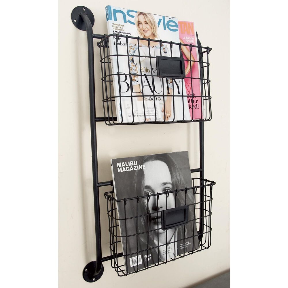 Maple and Jade 2-Slot Decorative Magazine Rack Holder with Suspended Baskets and Label Slot in Matte Black, , large