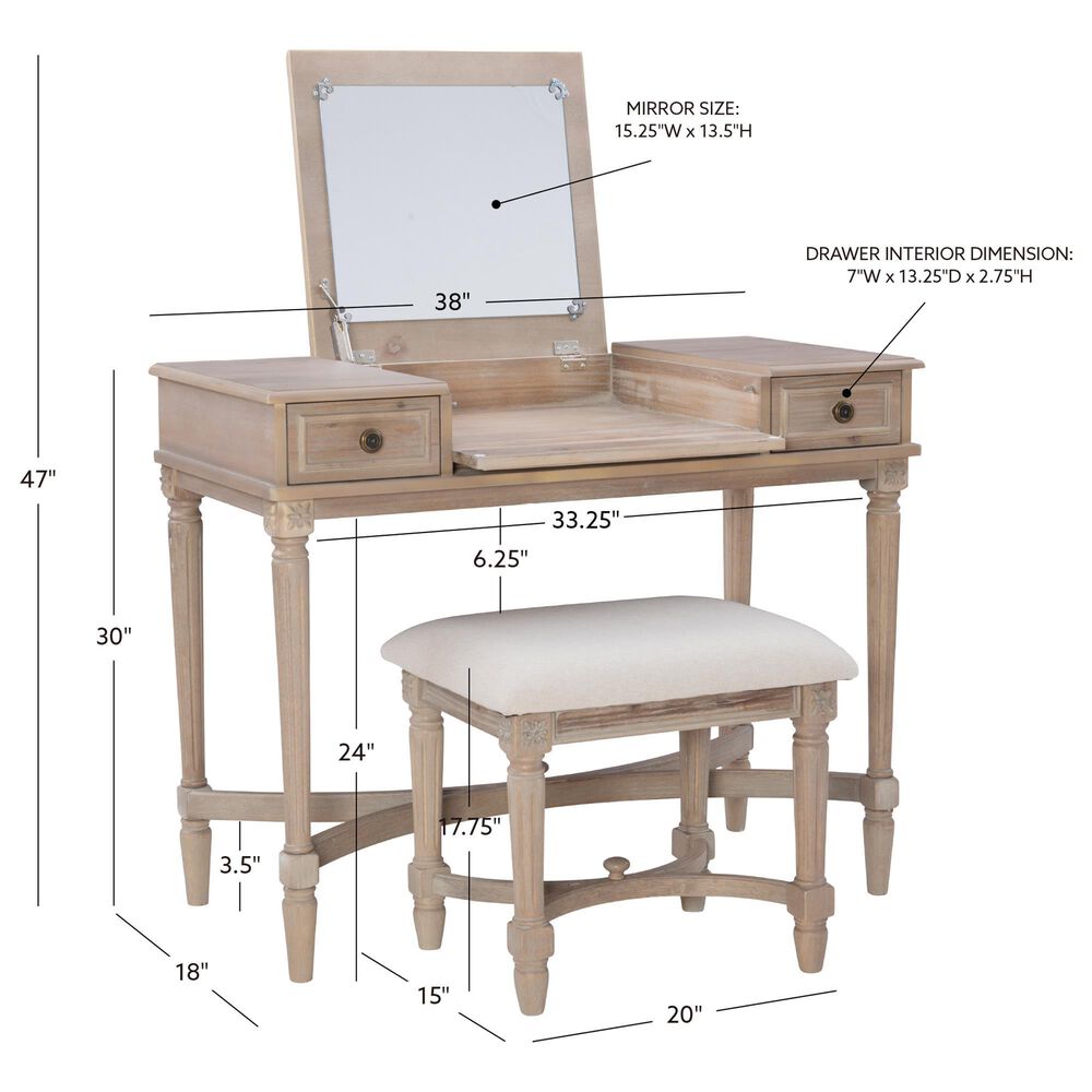 Linon Home Decor Cyndi Vanity with Stool in Grey Wash, , large