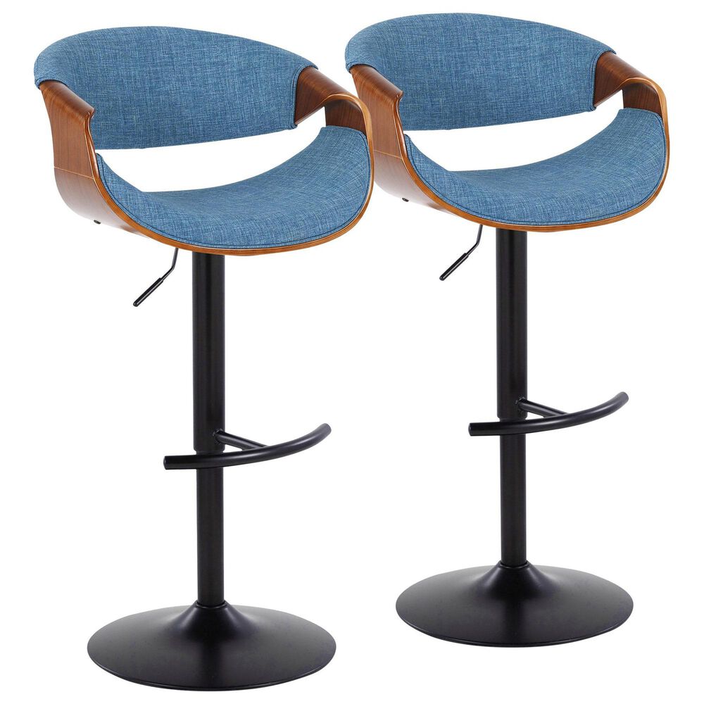 LumiSource Curvo Swivel Adjustable Barstool with Blue Upholstery in Black and Walnut (Set of 2), , large