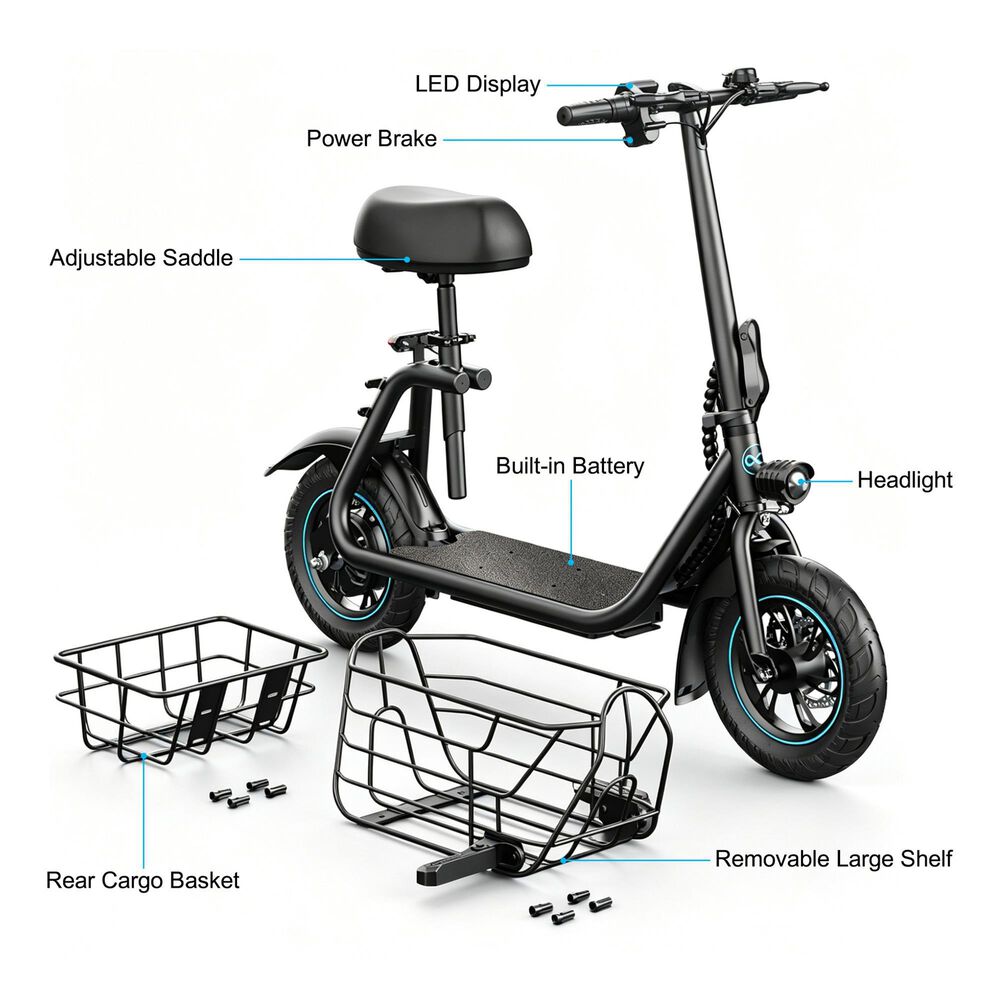 HOMLUX 550W 20-Mile Adults Electric Scooter with Pet Basket in Black, , large