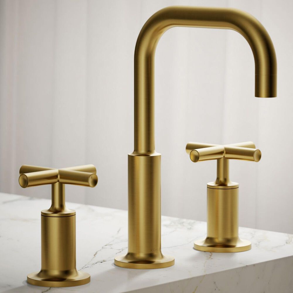 Kohler Purist Widespread Bathroom Sink Faucet with Cross Handles and High Gooseneck Spout in Vibrant Brushed Moderne Brass, , large