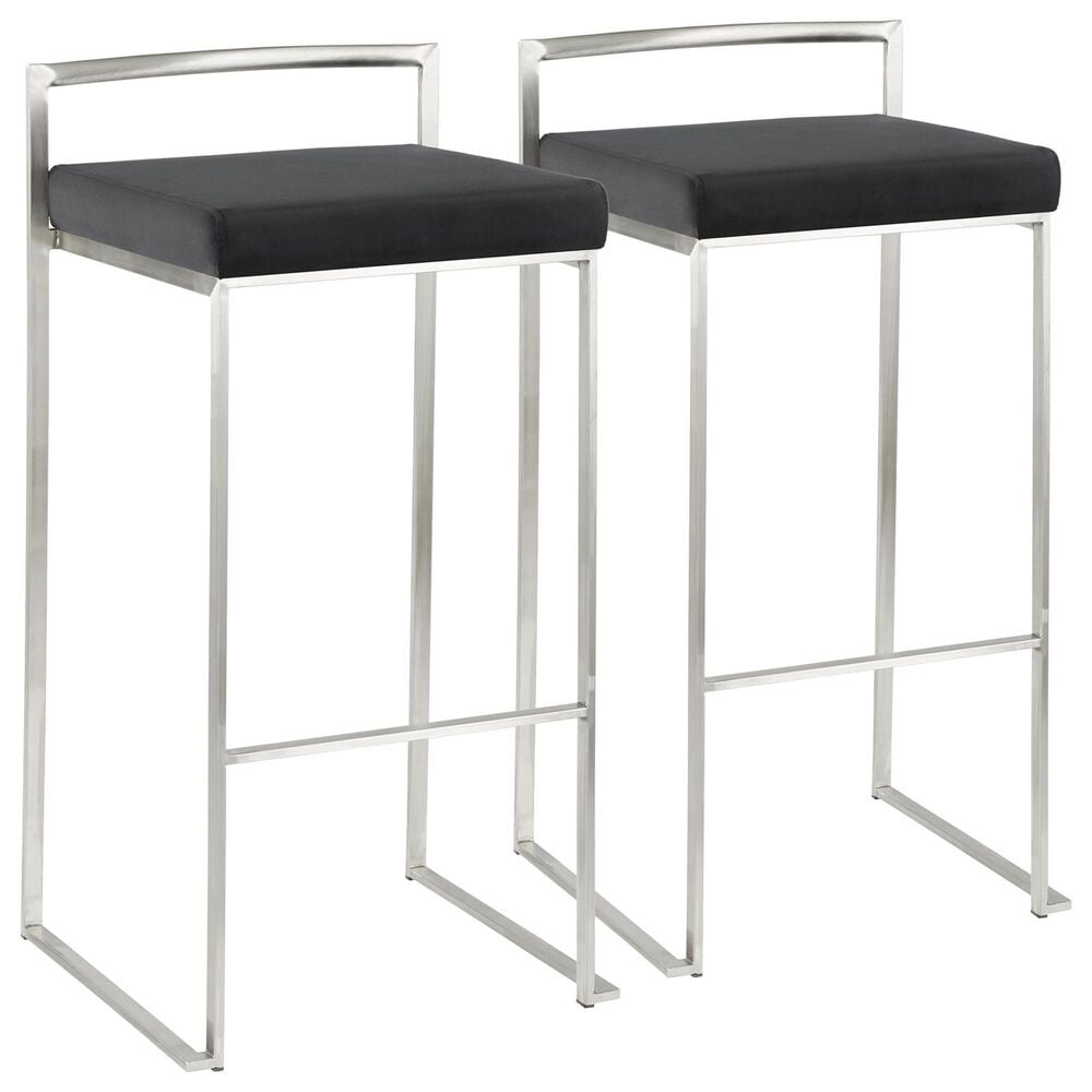 Lumisource Fuji Stackable Barstool with Black Velvet Cushion in Stainless Steel (Set of 2), , large