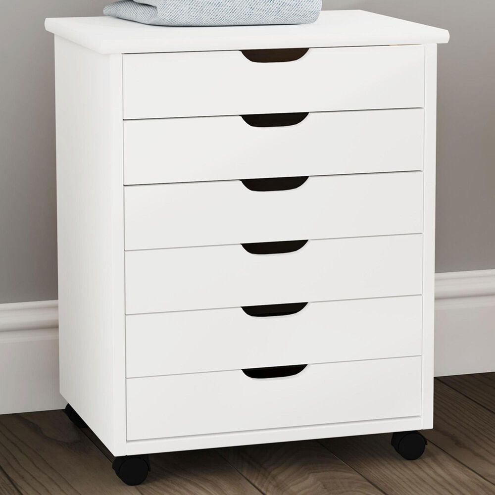 Linon Home Decor Cary 6-Drawer Wide Rolling Cart in White Wash, , large