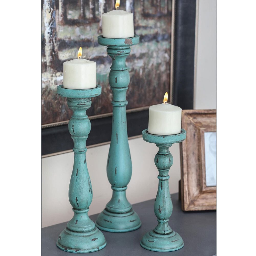 Maple and Jade Turned Pillar Decorative Candle Holder in Distressed Teal and Brown &#40;Set of 3&#41;, , large