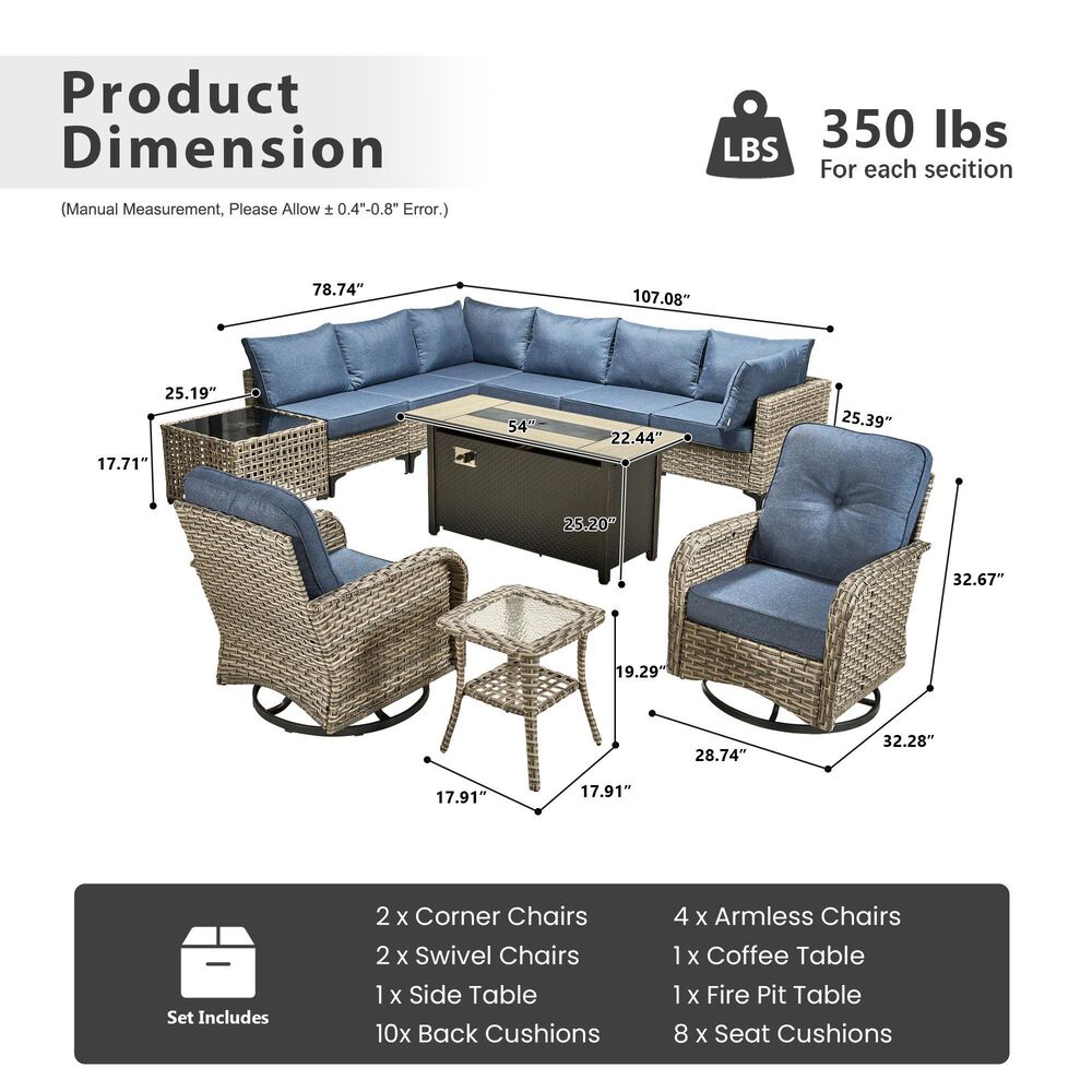 HOMLUX 11-Piece Outdoor Modular Sofa Conversation Set in Denim Blue, , large