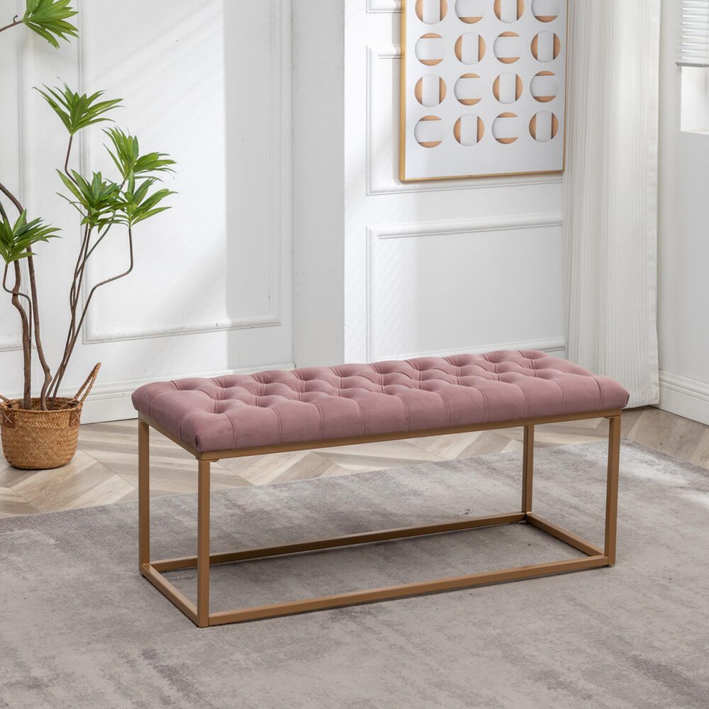 Lamps Per Se Standard Bench with Gold Metal Frame and Pink Plush Button-Tufted Seat, , large