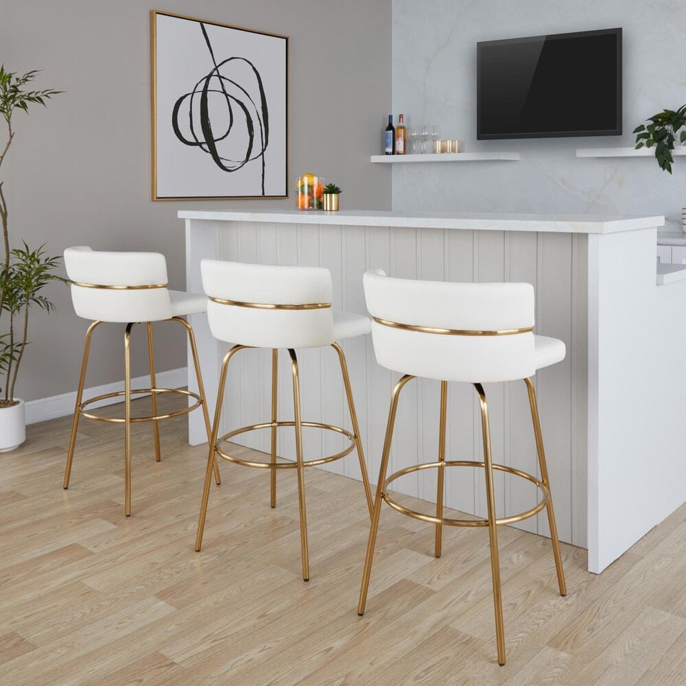 LumiSource Cinch 30" Swivel Barstool with White Upholstery in Gold (Set of 2), , large