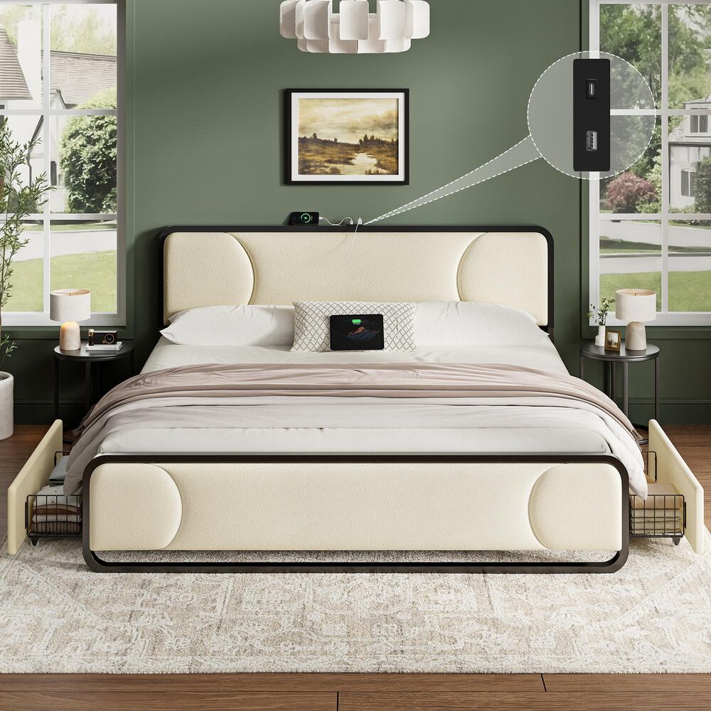 HOMLUX King Upholstered Platform Bed Frame in Beige, , large