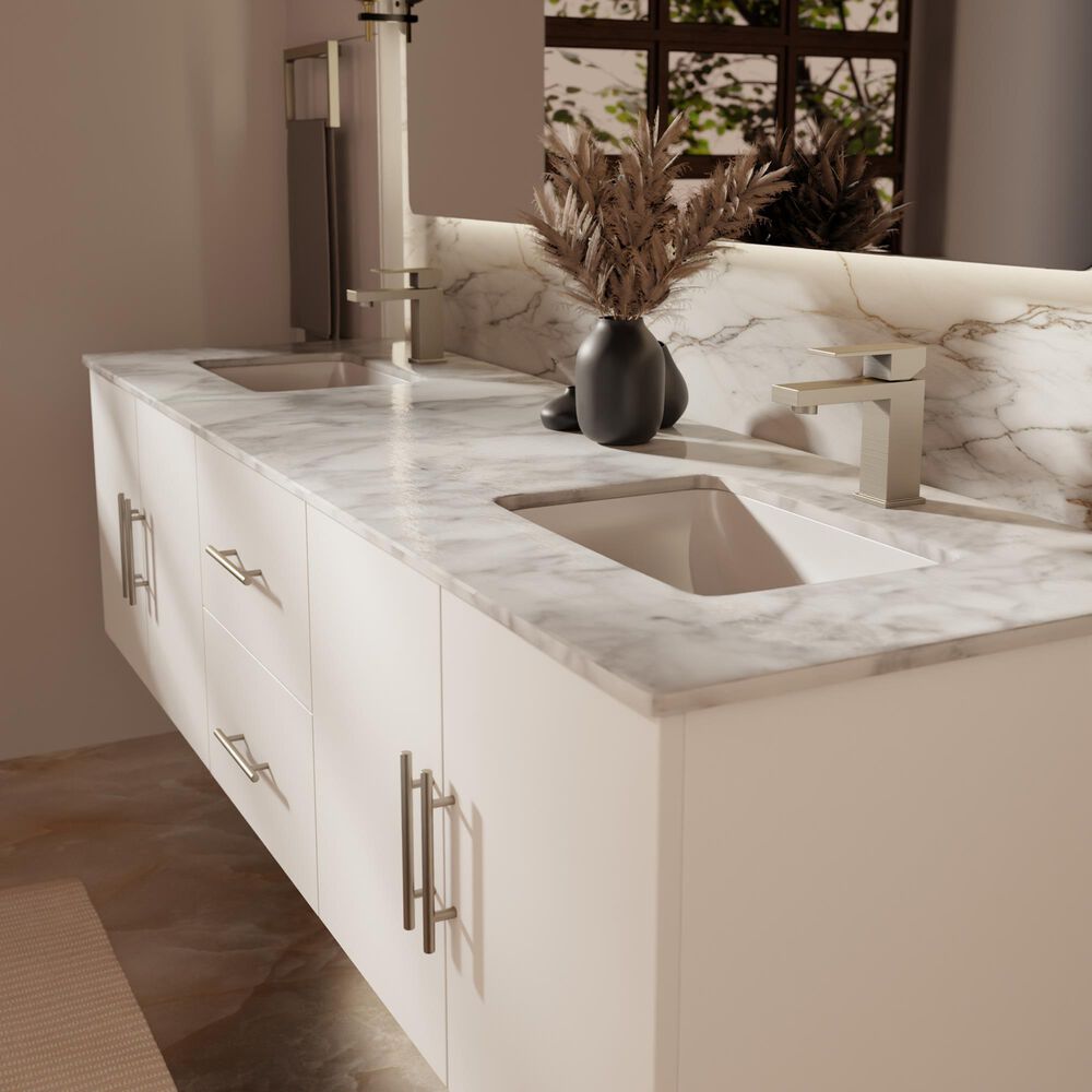 Lexora Home Geneva 72&quot; Double Bathroom Vanity in Glossy White with 2 cm White Carrara Marble Top and Rectangular Sinks, , large