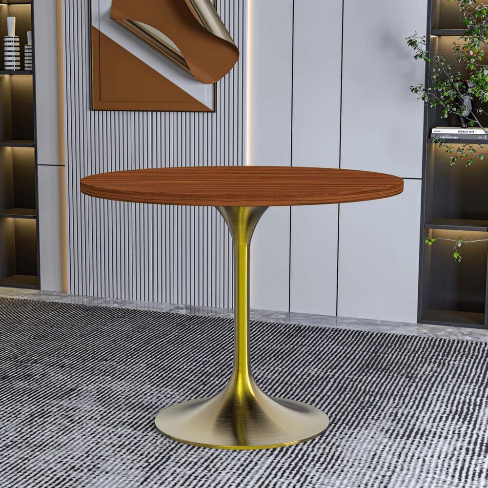 Leisuremod LeisureMod Verve Collection 36 Round Dining Table, Brushed Gold Base with Cognac Brown MDF Top, , large