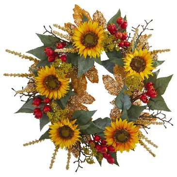 Nearly Natural Inc 27" Sunflower Berry Artificial Wreath, , large