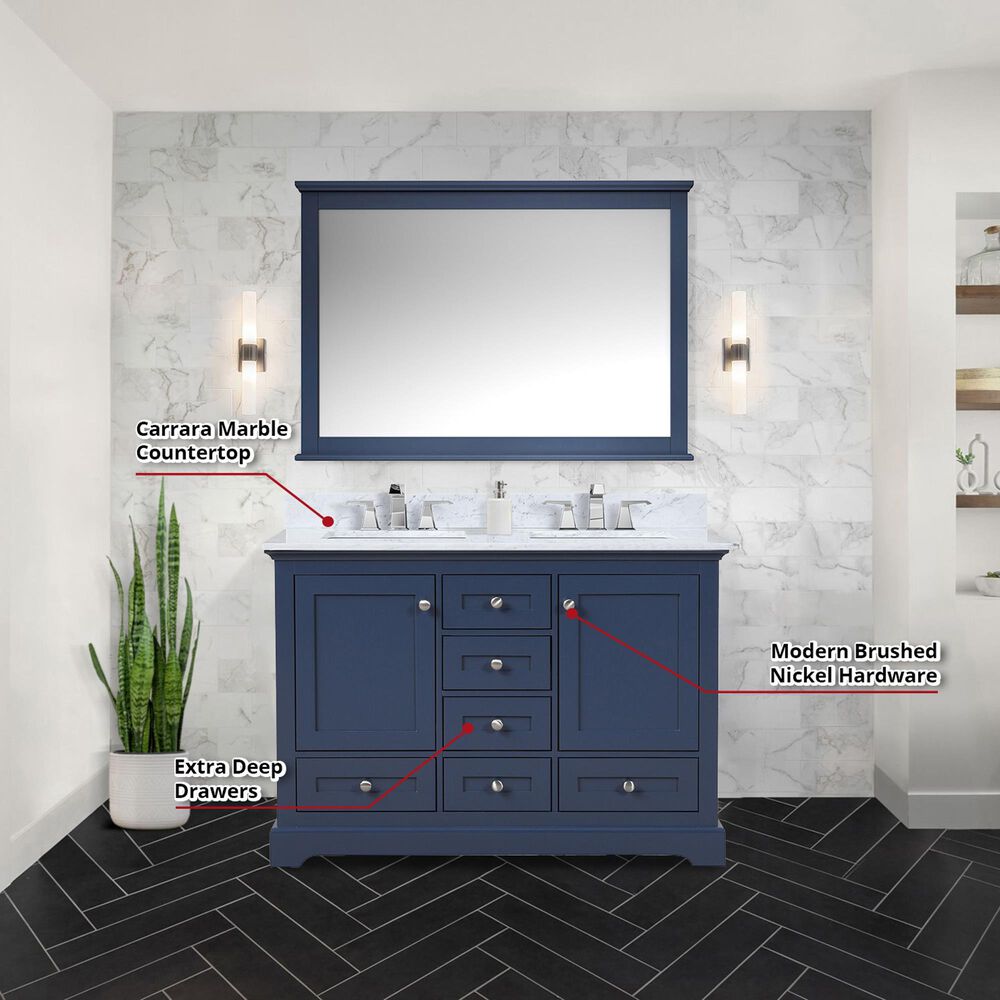Lexora Home Dukes 48&quot; Double Bathroom Vanity in Navy Blue with 2 cm White Carrara Marble Top and Rectangular Sinks, , large