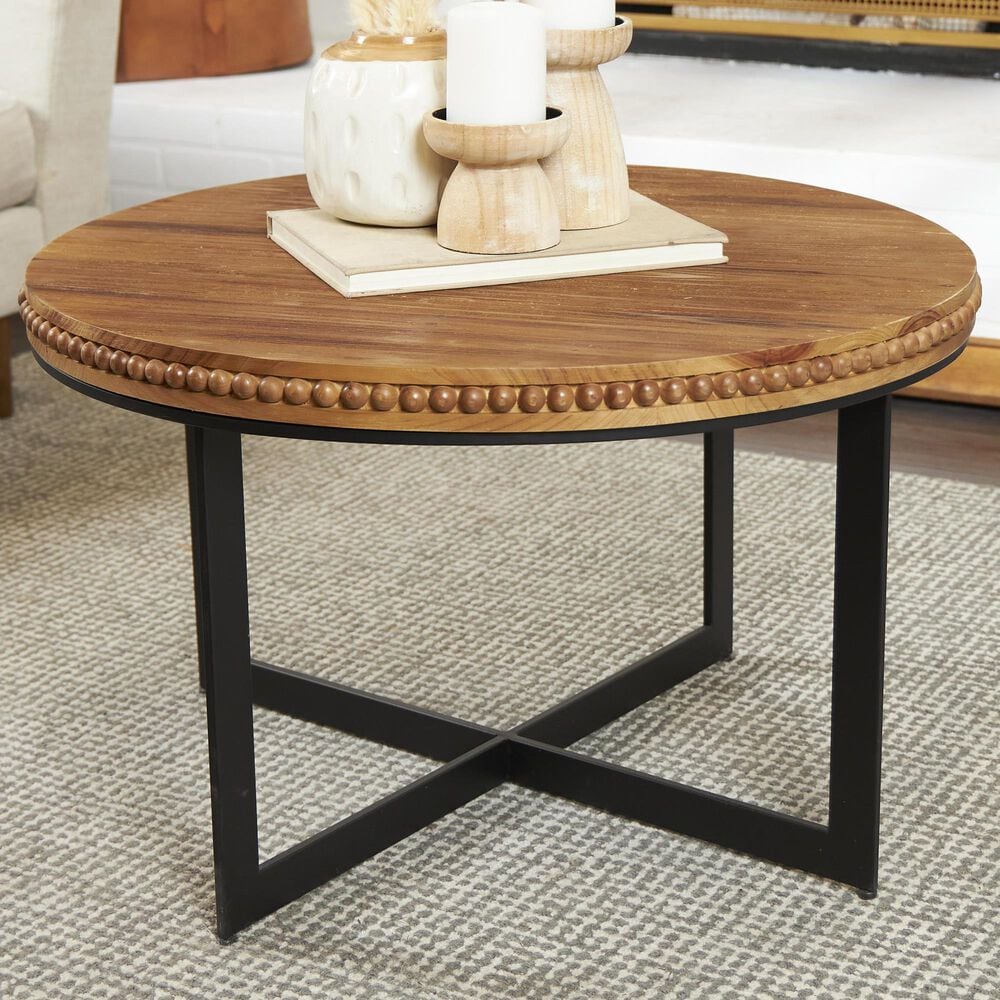 Maple and Jade Beaded Coffee Table with Metal X-Shaped Base in Washed Brown and Black, , large