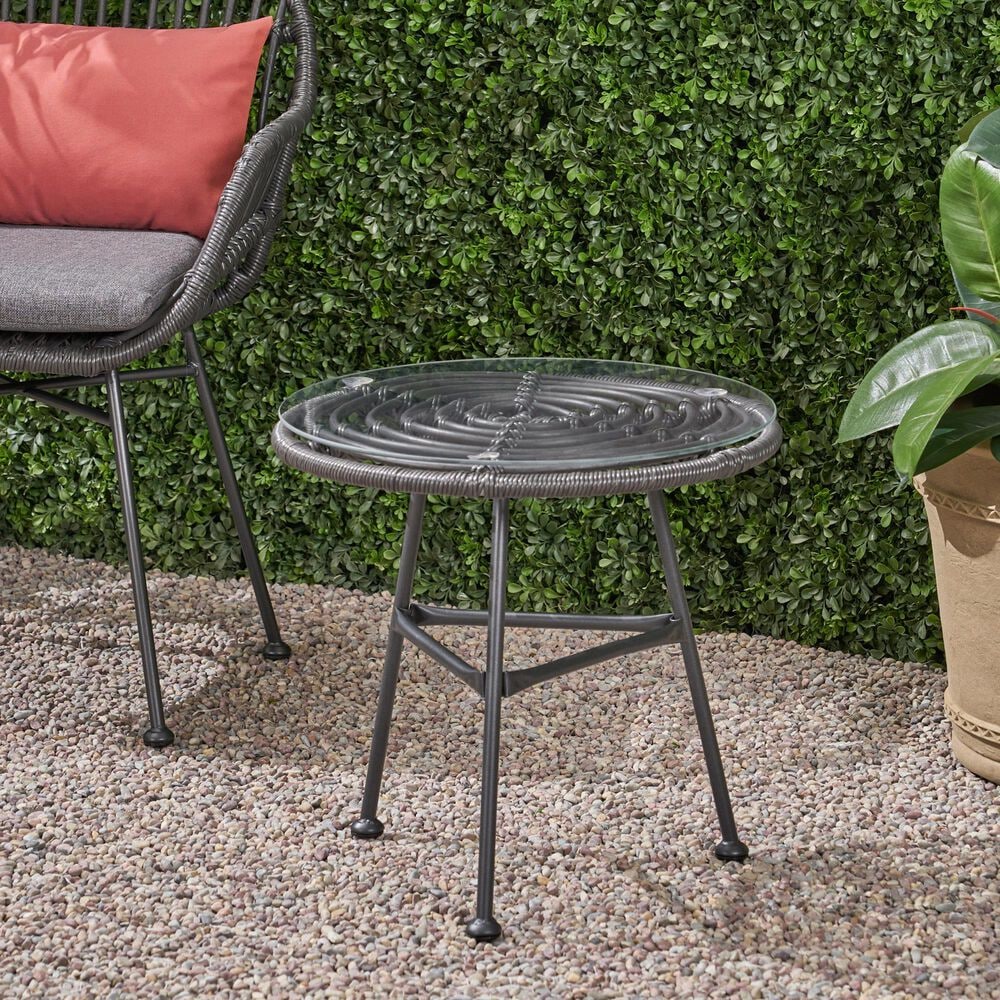 Hearth and Haven Orlando Outdoor Round Side Table with Glass Top in Gray, , large