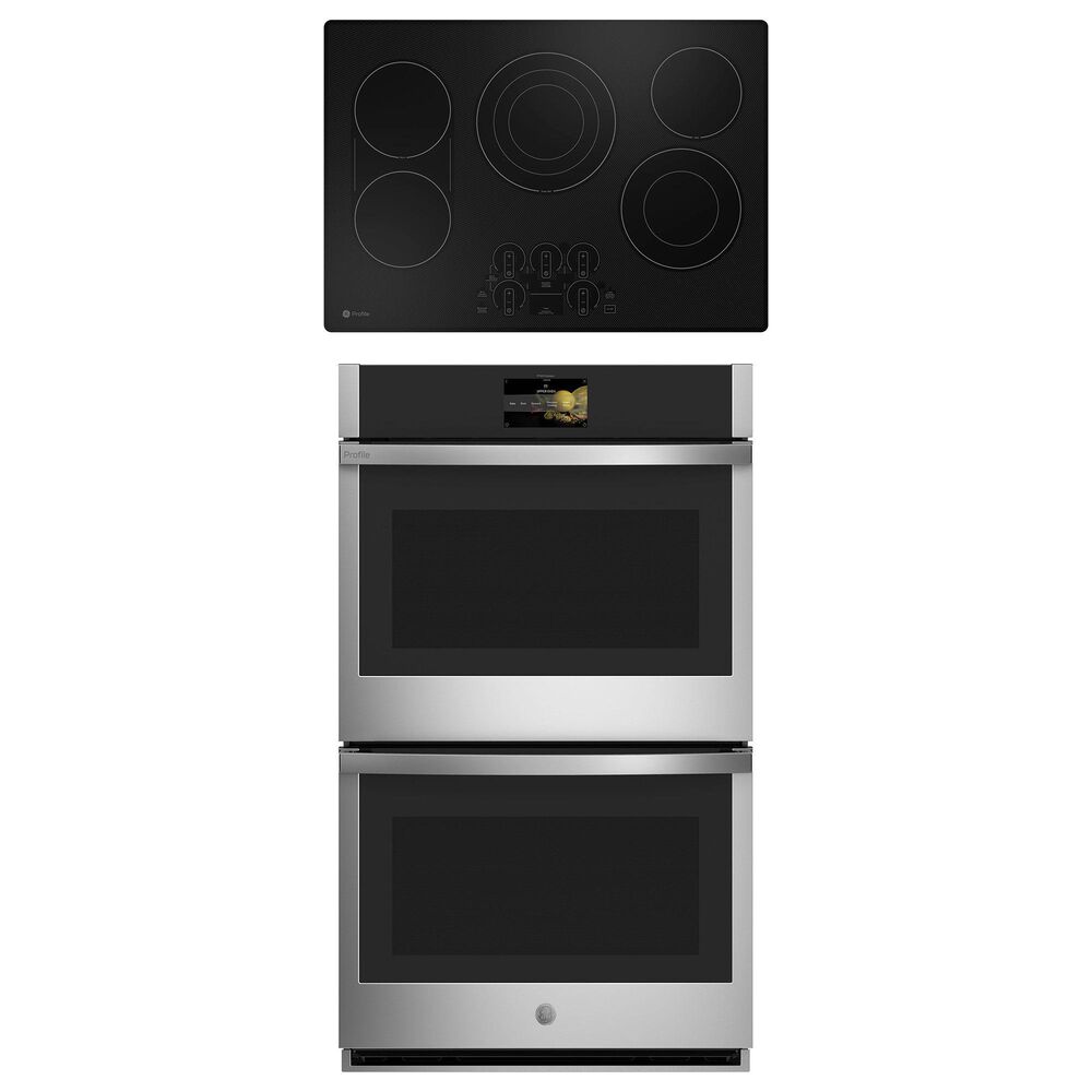 GE Profile 2-Piece Kitchen Package with 30" Built-In Double Wall Oven and Electric Cooktop in Stainless Steel and Black, , large
