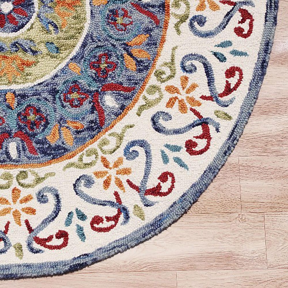 L&amp;R Resources Sinuous Floral Medallion Mosaic 4&#39; Round White, Green, Blue, Red and Orange Area Rug, , large
