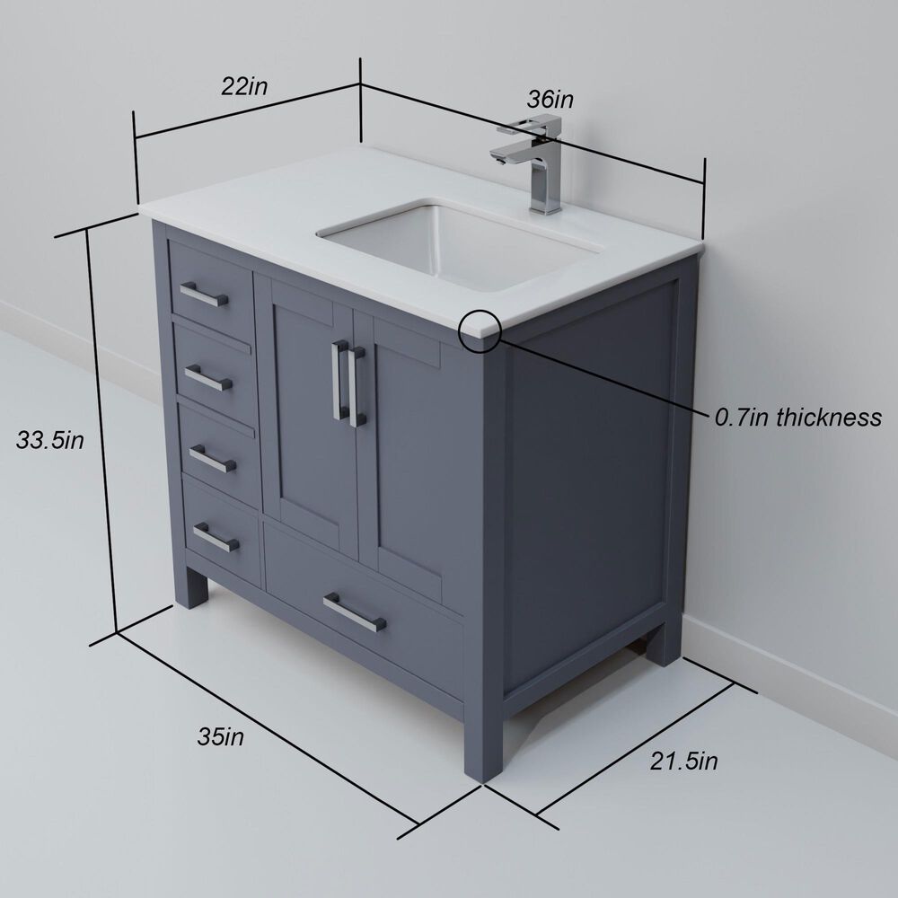 Lexora Home Jacques 36" Right Offset Single Bathroom Vanity in Dark Grey with 2 cm White Quartz Top and Rectangular Sink, , large