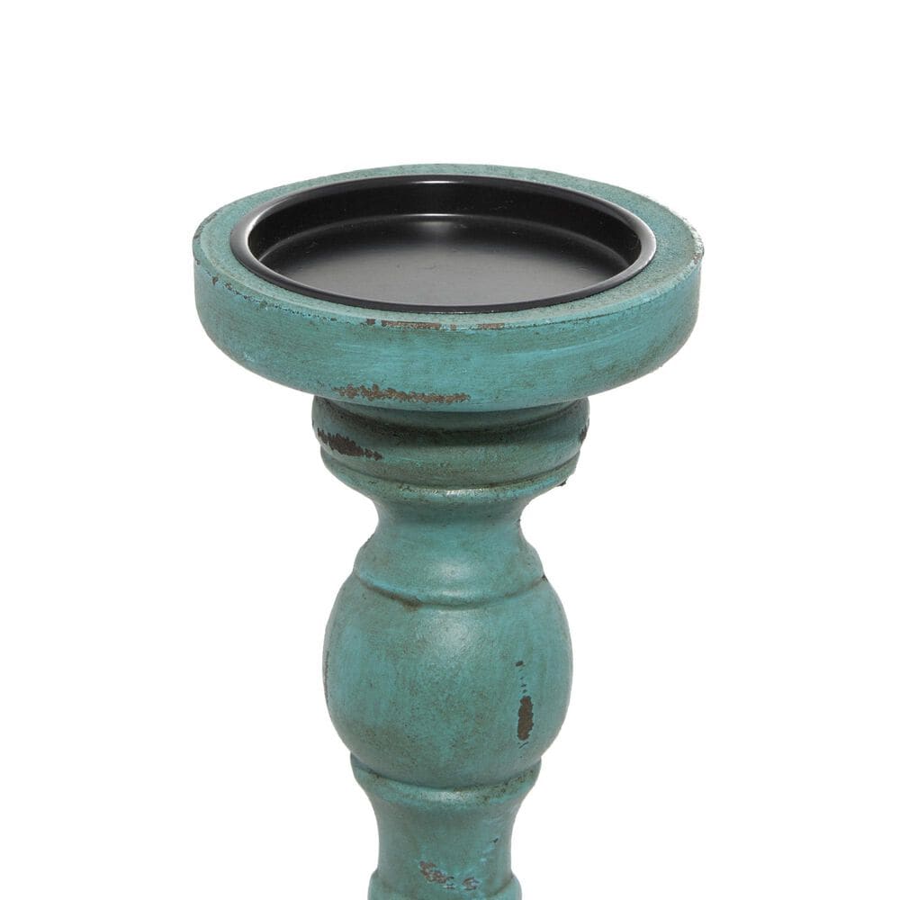 Maple and Jade Turned Pillar Decorative Candle Holder in Distressed Teal and Brown &#40;Set of 3&#41;, , large