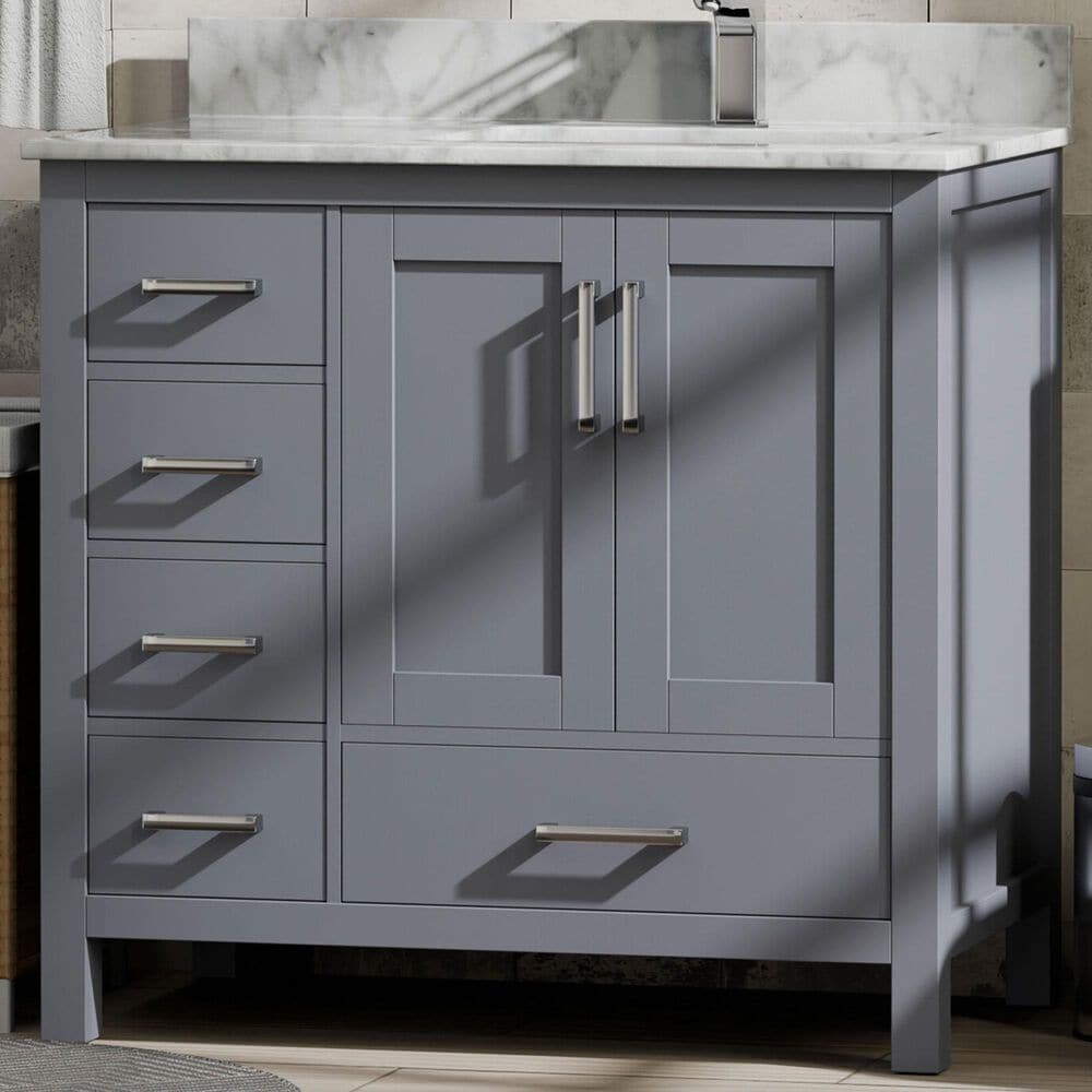Lexora Home Jacques 36&quot; Right Offset Single Bathroom Vanity in Dark Grey with 2 cm White Carrara Marble Top and Rectangular Sink, , large