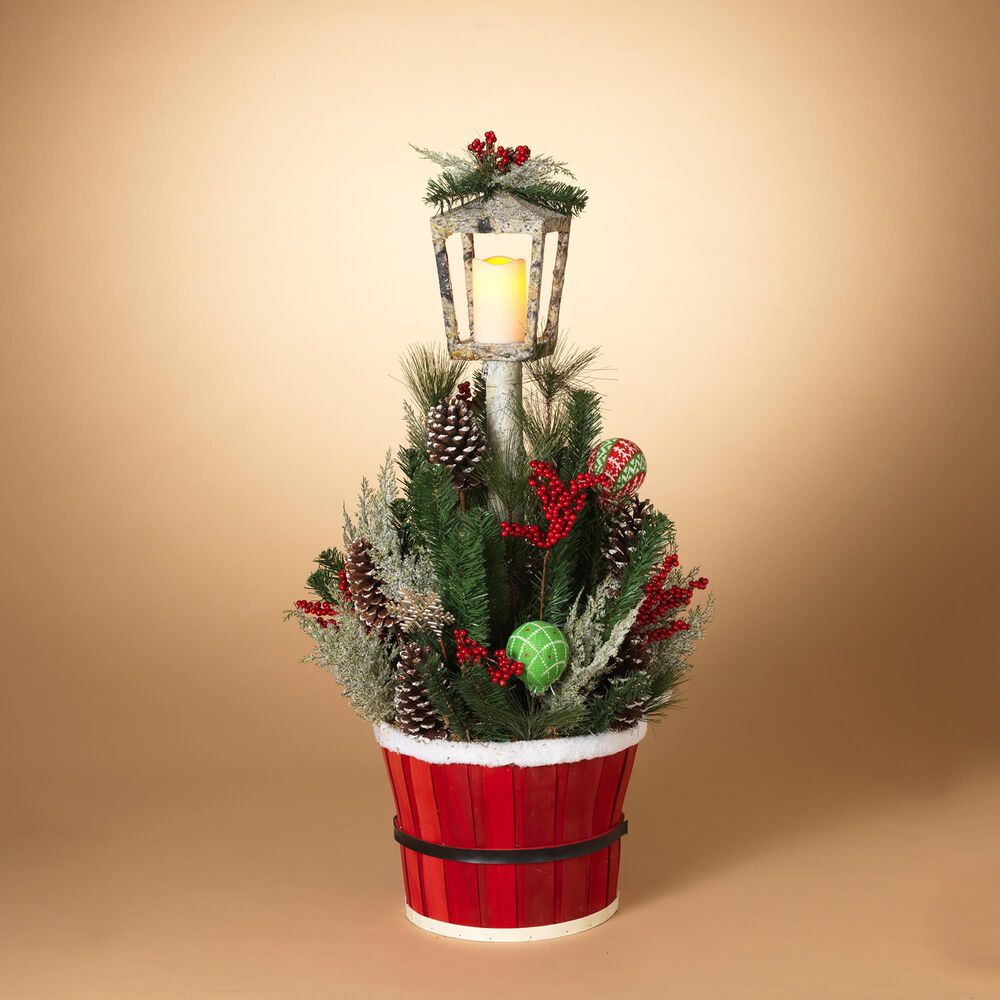 The Gerson Company 42&quot; Holiday Porch Bucket Floral Arrangement with Lantern in Red, , large