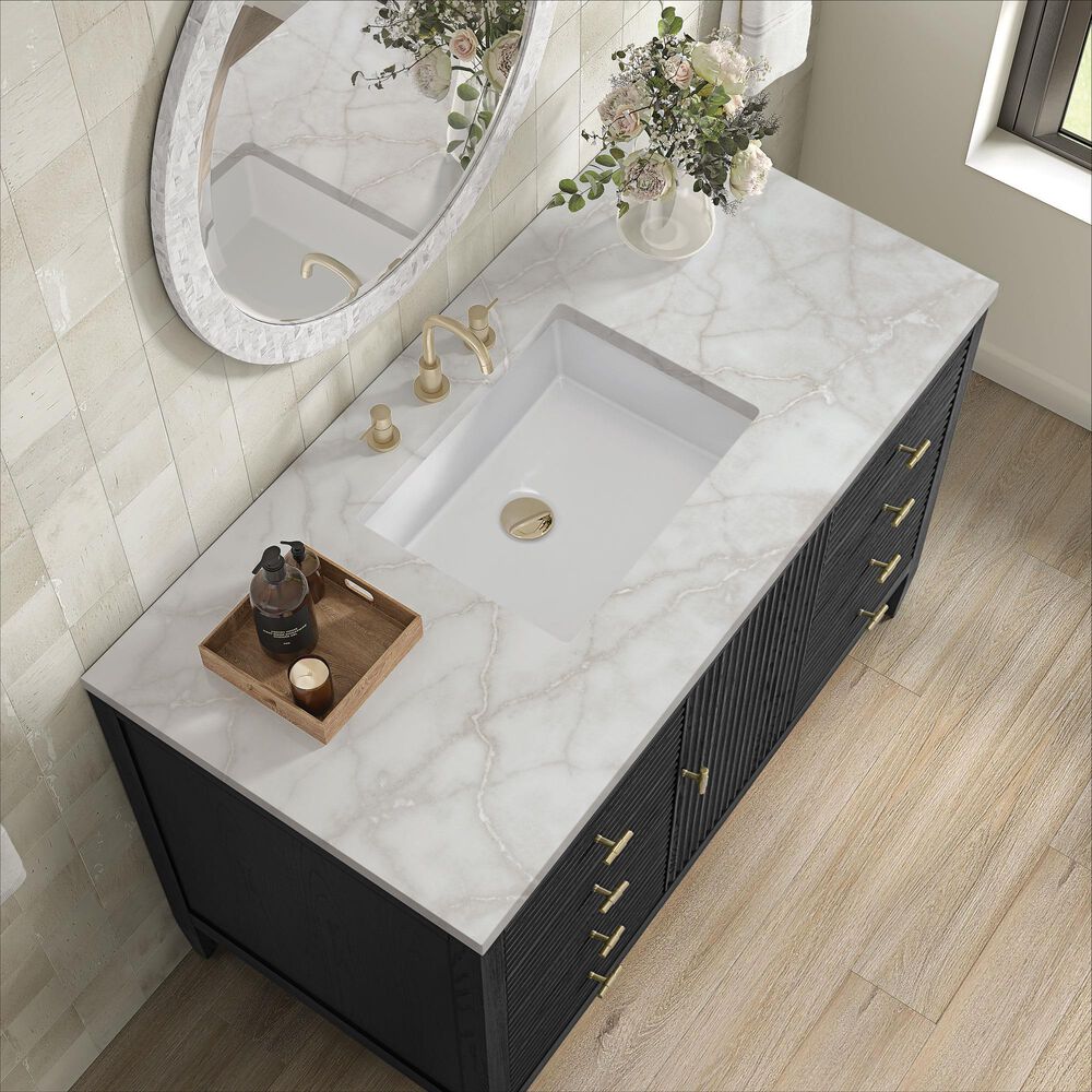 James Martin Vanities Myrrin 48" Single Bathroom Vanity in Carbon Oak with 3 cm Eternal Jasmine Pearl Silestone Top, Rectangular Sink and FreePower Wireless Charger, , large