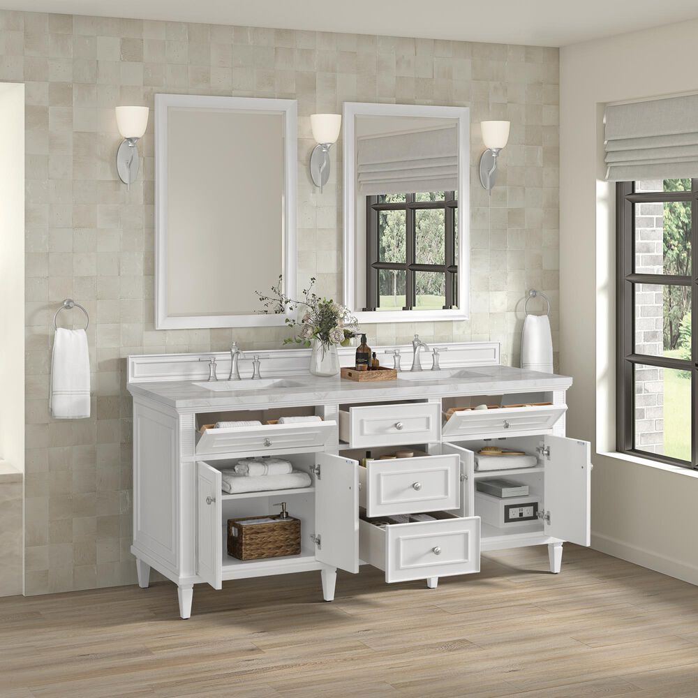 James Martin Vanities Lorelai 72" Double Bathroom Vanity in Bright White with 3 cm Eternal Jasmine Pearl Silestone Top, Rectangular Sinks and FreePower Wireless Charger, , large