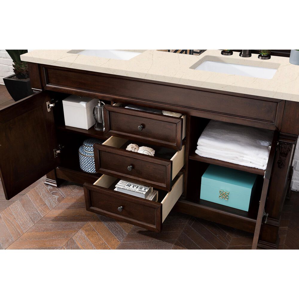 James Martin Vanities Brookfield 60&quot; Double Bathroom Vanity in Burnished Mahogany with 3 cm Eternal Marfil Quartz Top and Rectangle Sinks, , large