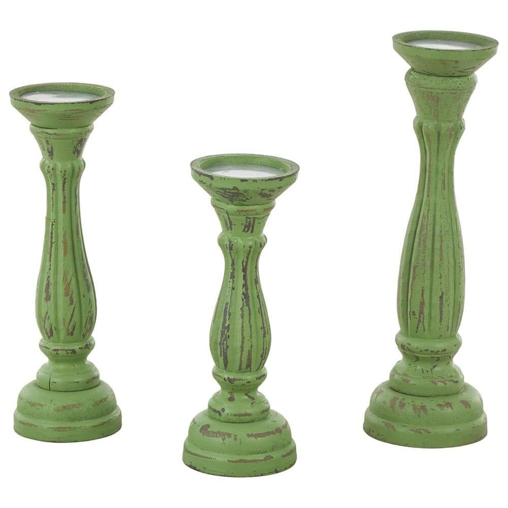 Maple and Jade Turned Pillar Decorative Candle Holder in Distressed Green and Brown &#40;Set of 3&#41;, , large